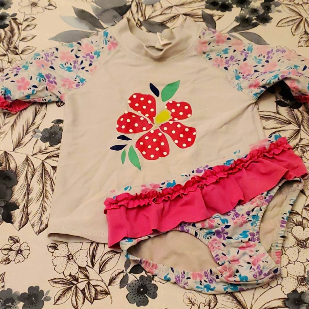 4t hibiscus short sleeve tankini swimsuit rashguard with ruffled bikini